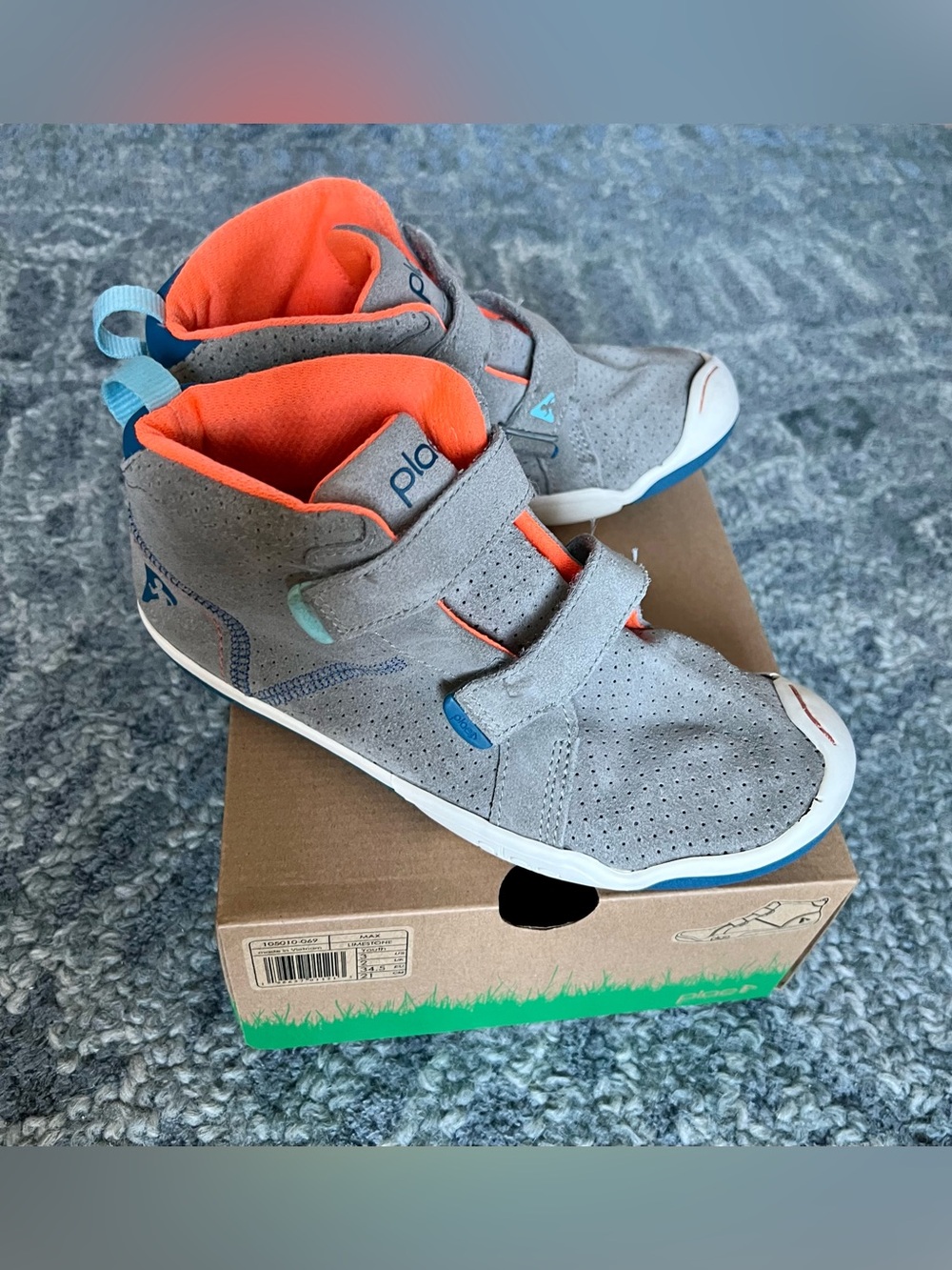 PLAE Kids Gray Sneakers with Orange Lining and Blue Accents